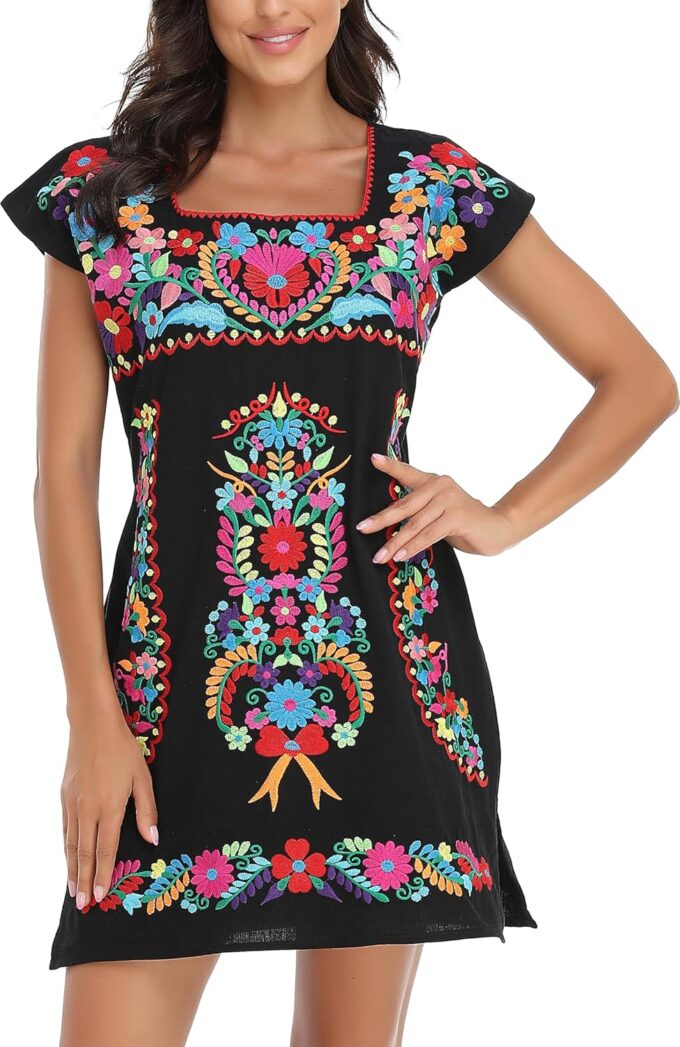 YZXDORWJ Women Mexican Embroidered Dress Ruffle Collar Sleeveless – Bild 7