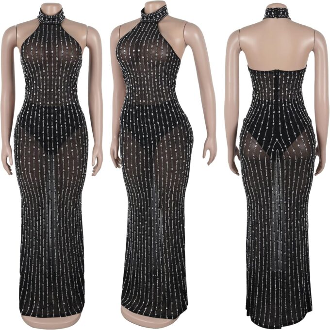 PORRCEY Women Sexy Elegant Rhinestone Mesh See Through Evening Dresses Party Club Night Clubwear – Bild 4