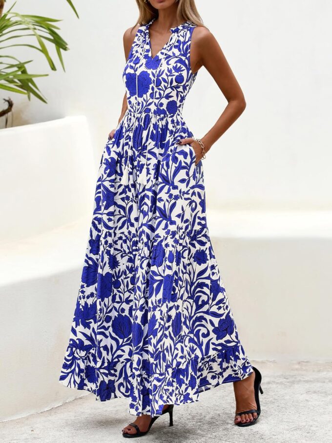 BTFBM Womens Summer Maxi Dresses 2025 Casual Sleeveless V Neck Loose Fit Floral Boho Dress Beach Long Sundress – Bild 6
