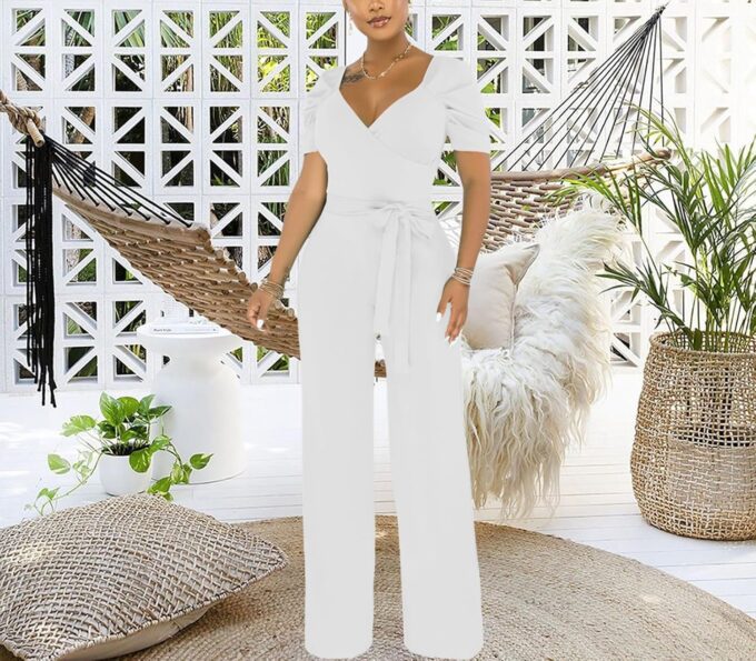 PaladMom Womens Elegant Plus Size Jumpsuits Sexy Back zipper Short Sleeve Mid Waist Wide Leg Straight Rompers – Bild 7