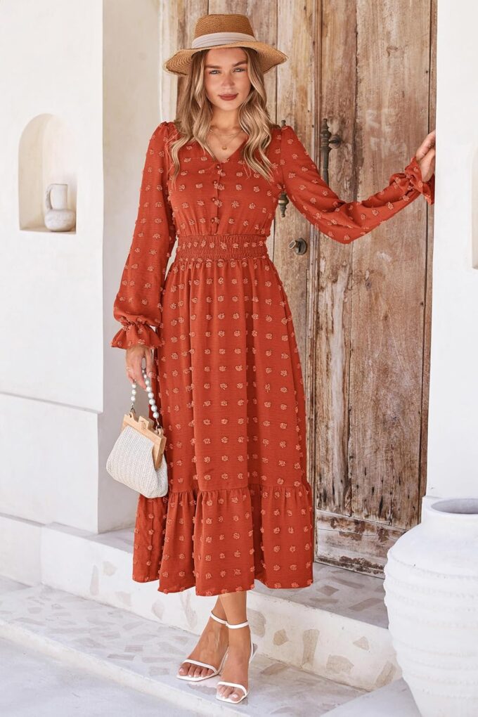 MASCOMODA Women Maxi Dress 2025 Fall Long Sleeve V Neck Swiss Dot Boho Smocked High Waisted A-Line Tiered Flowy Long Dresses – Bild 2