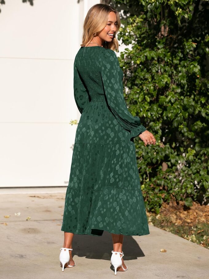 Simplee Womens Long Sleeve Smocked Maxi Dress Tiered V Neck Flowy Fall Wedding Guest Long Dresses with Pockets – Bild 3