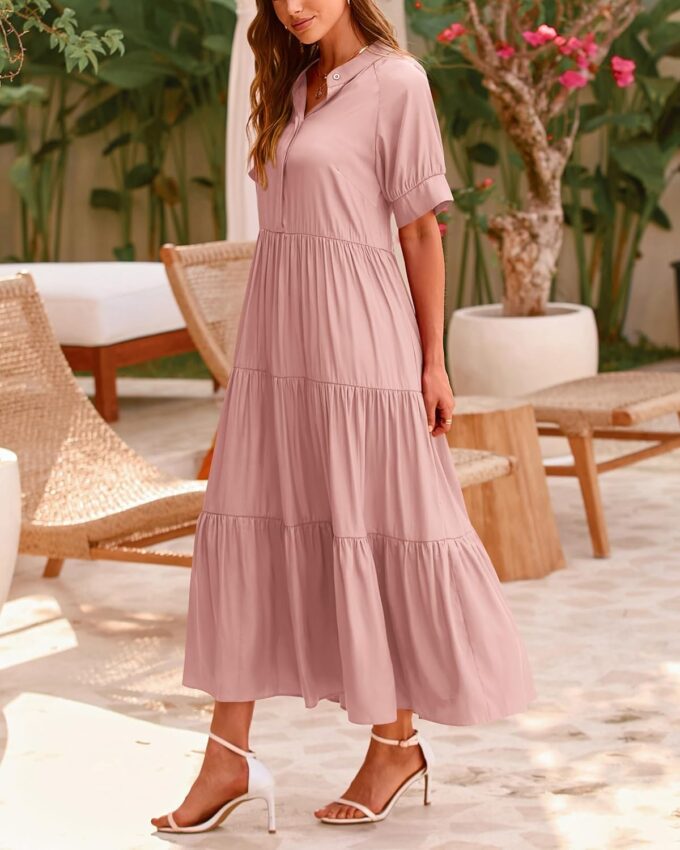 dowerme Women's Summer Dresses 2025 Casual Short Sleeve Button Loose Fit Pleated Boho Flowy Swing Long Beach Sun Dress – Bild 8