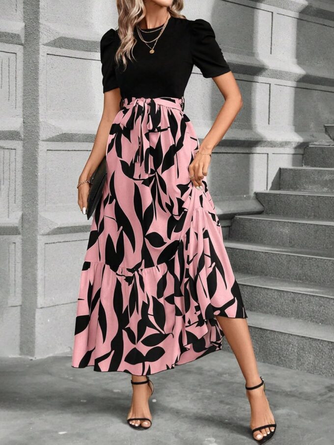 PerZeal Women's Casual Summer Crewneck A Line Short Sleeve Print Flowy Boho Long Maxi Dress with Belt – Bild 2