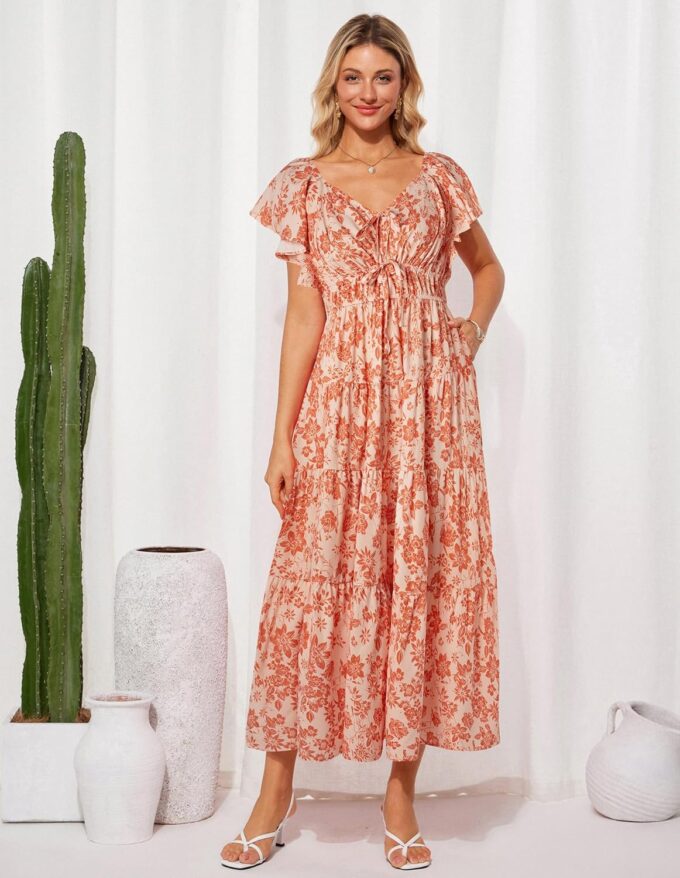 GRACE KARIN Womens 2025 Floral Summer V-Neck Ruffle Sleeve Empire Waist A-Line Casual Maxi Tiered Dress with Pockets – Bild 3