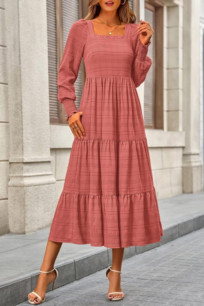CFLONGE Women's Fall Dresses 2025 Puff Long Sleeve Square Neck Dress High Waist Smocked A-Line Flowy Wedding Party Maxi Dress – Bild 4