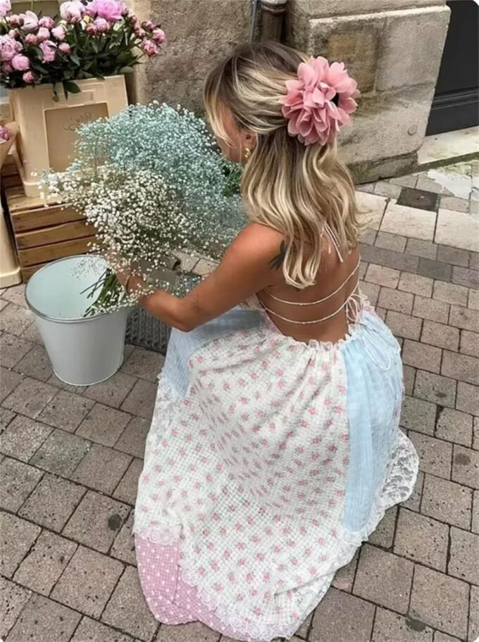 Women Boho Floral Smocked Maxi Dress Y2k Patchwork Lace Layered Long Beach Dress Casual Flowy Summer Sundress – Bild 4