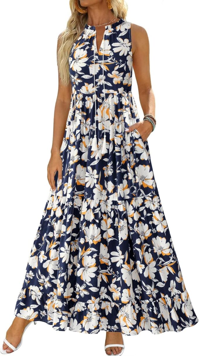 BTFBM Womens Summer Maxi Dresses 2025 Casual Sleeveless V Neck Loose Fit Floral Boho Dress Beach Long Sundress