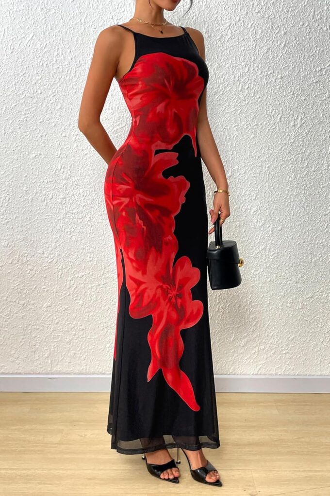 PRETTYGARDEN Womens Summer Dresses 2025 Elegant Spaghetti Straps Evening Gown Floral Print Bodycon Maxi Mesh Sundress – Bild 8
