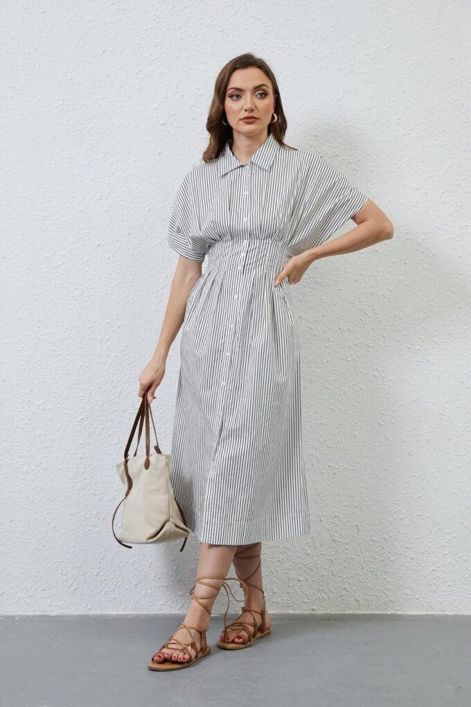 MISSACTIVER Button Front Pleated Shirt Dress for Women Summer Striped Short Sleeve Lapel V Neck Corset Maxi Dress – Bild 3