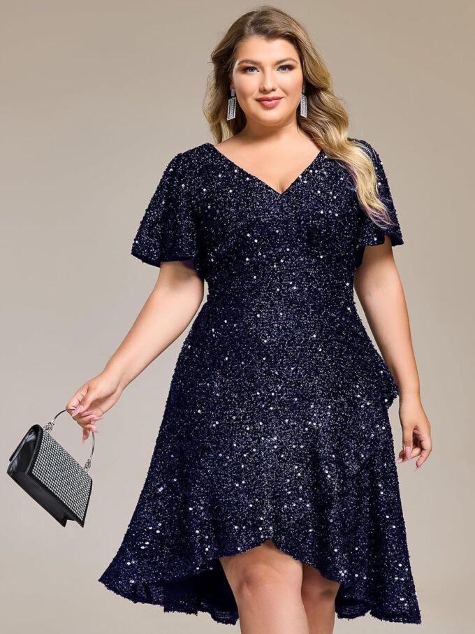 Ever-Pretty Plus Women's V Neck Short Sleeves A-line High Low Sequin Plus Size Formal Wedding Guest Dresses – Bild 3
