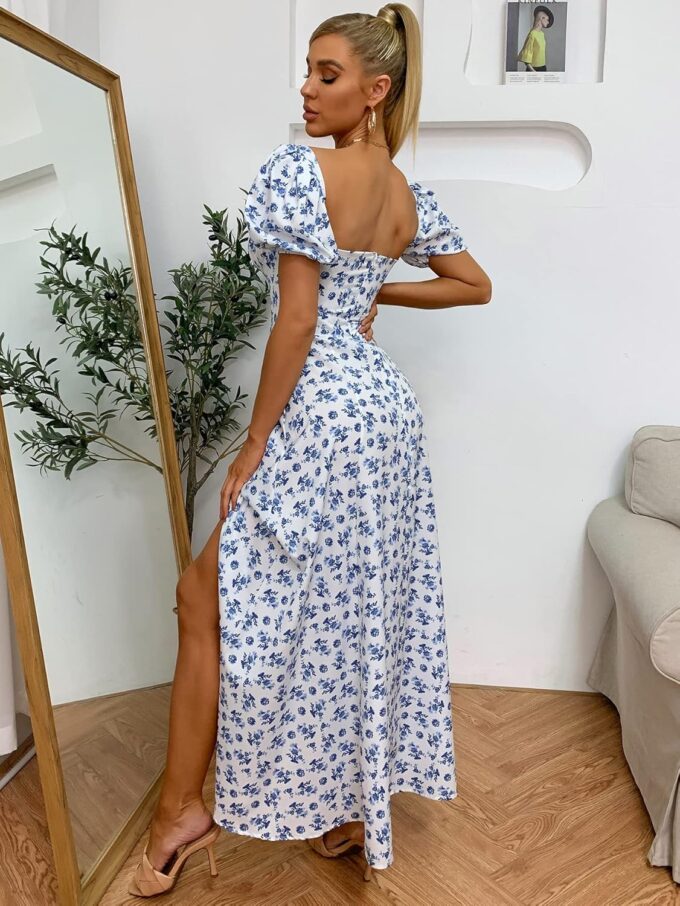 Women's Summer Puff Sleeve Floral Split Maxi Dress Flowy A Line Casual Beach Long Dresses 2025 – Bild 3