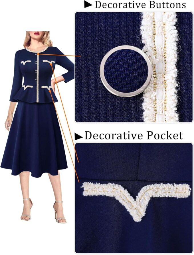 VFSHOW Damenkleid, 2024, für Herbst und Arbeit, Business, Knöpfe, Schößchen, Büro, schlankmachend, Rundhalsausschnitt, Patchwork, A-Linie, ausgestelltes Kleid – Bild 6