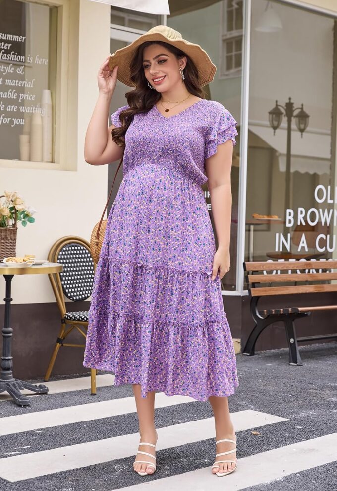Keluummi Plus Size Summer Maxi Wedding Guest Dress for Curvy Women, Boho A Line Long Sundress, Flutter Sleeve, Pocket – Bild 6