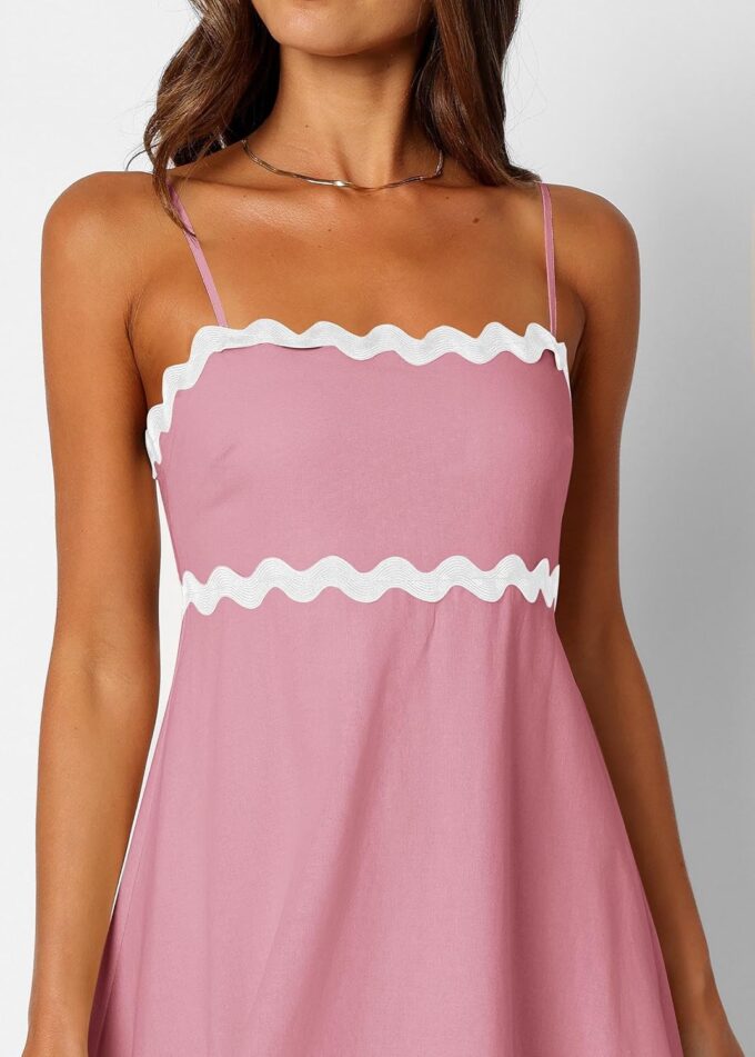 KIRUNDO Womens Summer Dresses 2025 Boho Spaghetti Strap Sleeveless Smocked Rickrack Trim Flowy Beach Vacation Midi Sundress – Bild 5