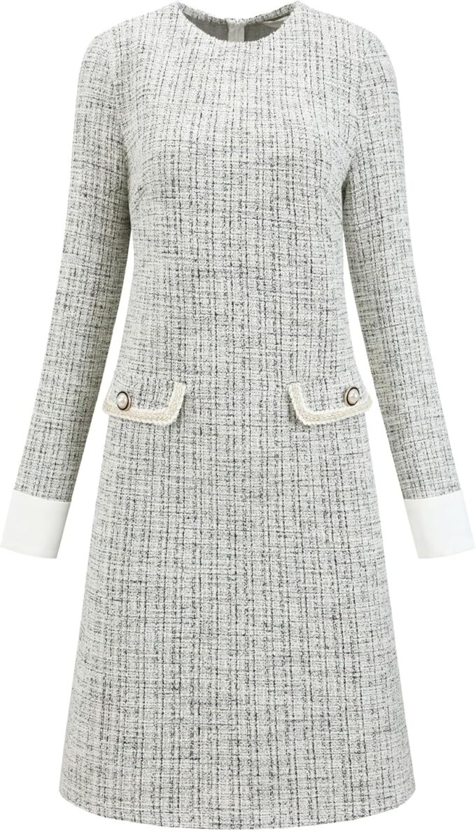 Hobemty Damen Tweed-Kleid, formelle Arbeit, langärmelig, Etuikleider
