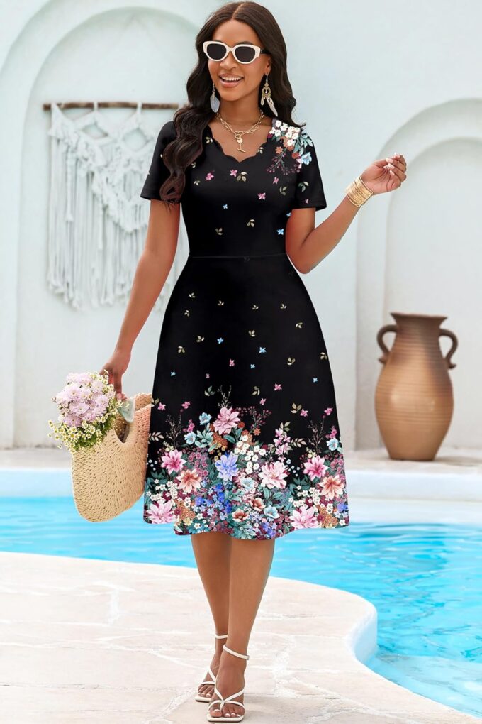 AOMONI Women Casual Dresses Wedding Guest Church Midi Dresses A-Line Fit and Flare Short Sleeve Floral Swing Wrap Dress – Bild 3