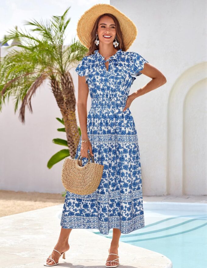 GRACE KARIN Women's Floral Boho Dress Hawaiian Dresse Short Sleeve V Neck Summer Beach Wedding Guest Swing Maxi Sundress – Bild 4