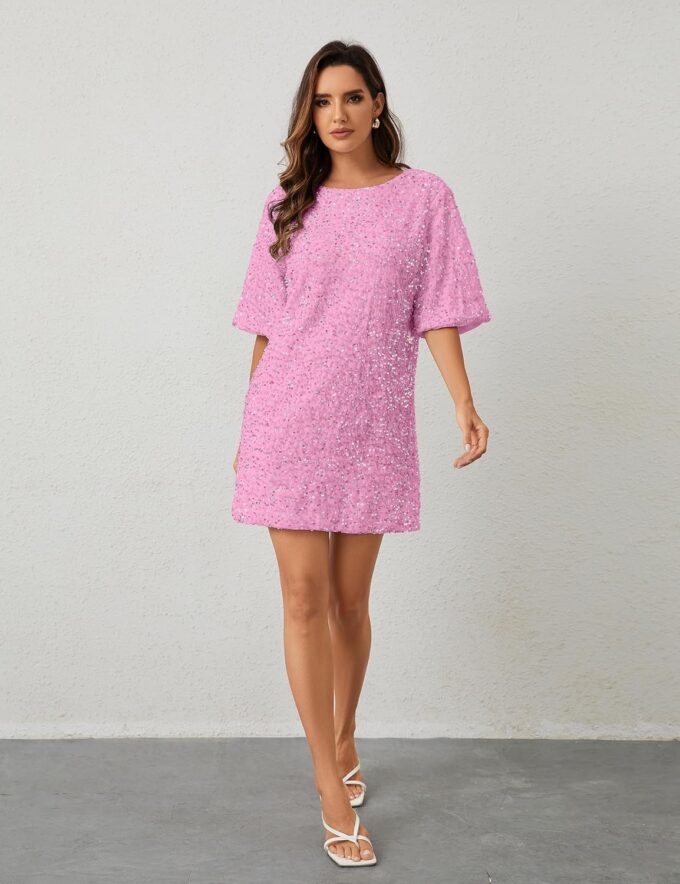 Women's Sparkly Sequin Shirt Mini Dress Party Club Dress Half Sleeve Crewneck Tie Backless Velvet Glitter Dresses – Bild 4