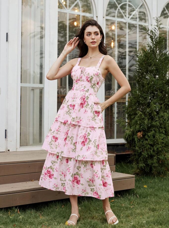 Scarlet Darkness Women's Floral Maxi Dress Summer Wedding Guest Dress Tiered Sleeveless Lace Up Corset Sundress – Bild 7