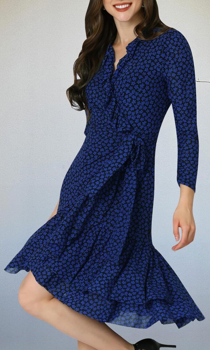 KOH KOH Damen-Midikleid mit langen Ärmeln, Rüschen, fließend, für Hochzeitsgäste – Bild 2