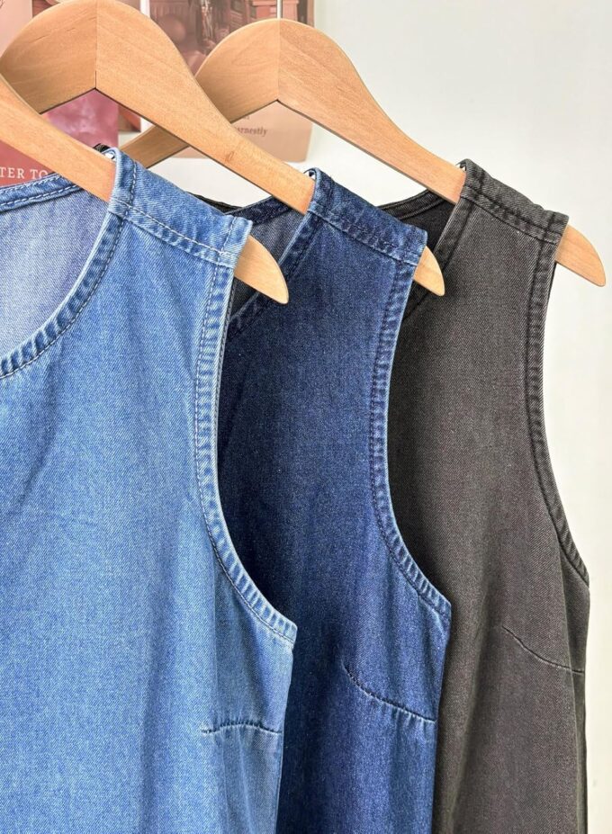 Womens Casual Sleeveless Maxi Denim Dress Crewneck Vintage Loose Long Vest Jean Dress with Pockets – Bild 5