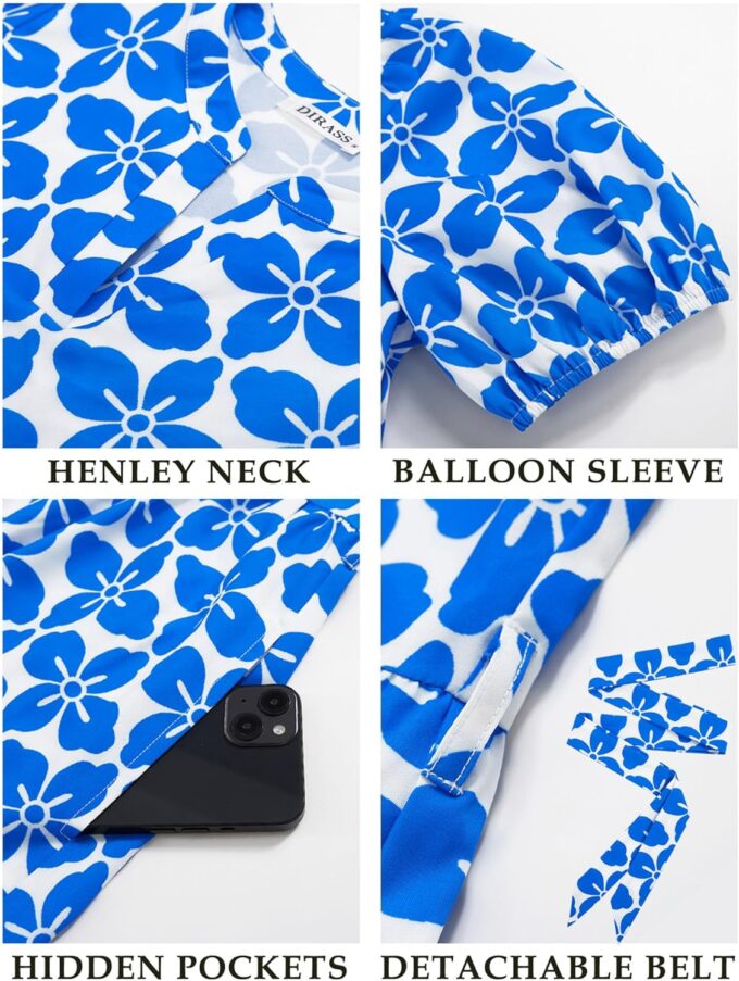 DIRASS Damen Ostern Sommer Floral Henley Ausschnitt Puffärmel Knielang Sonnenkleid mit Taschen – Bild 6