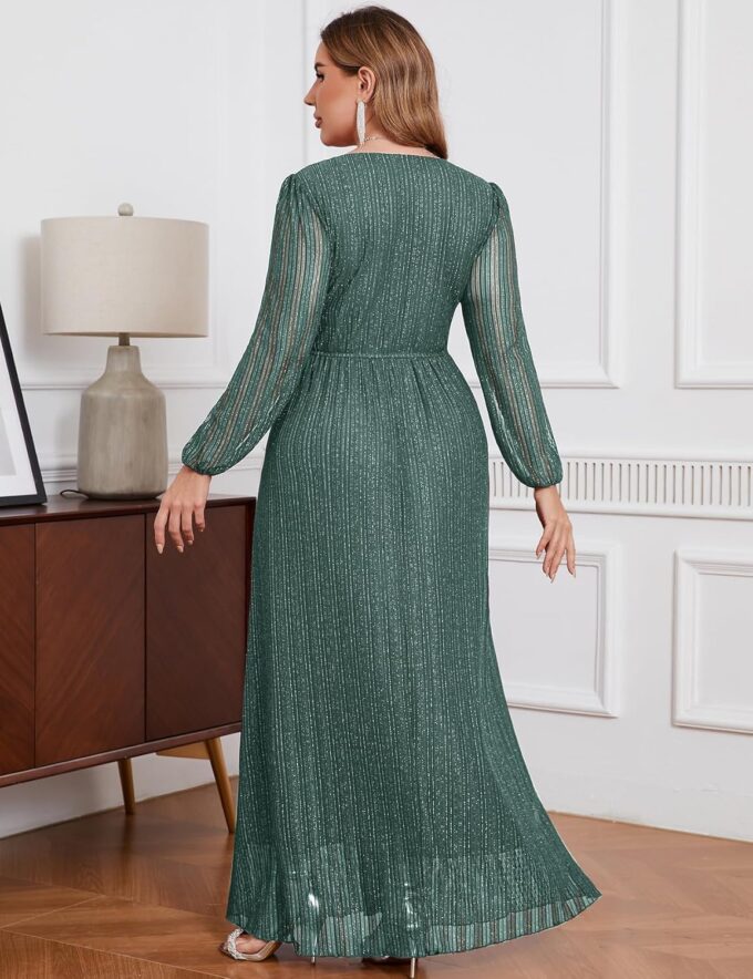 ZOMVA Plus Size Maxi Formal Dress Sparkly V-Neck A-line Ruffle Sleeves Evening Gown Cocktail Prom Glitter – Bild 5
