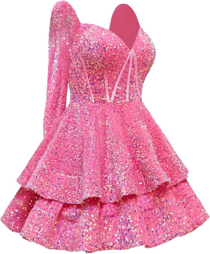 GUKARLEED Sequin Homecoming Dresses for Teens Long Sleeve HOCO Party Gowns Tiered Sparkly Sweetheart Neck Short Prom Dresses – Bild 6