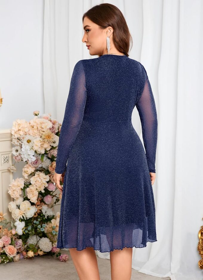 CYCLAMEN Plus Size Glitter Dress Sparkly Mesh Long Sleeve Wrap V Neck A Line for Wedding Guest Cocktail Club Nights – Bild 4