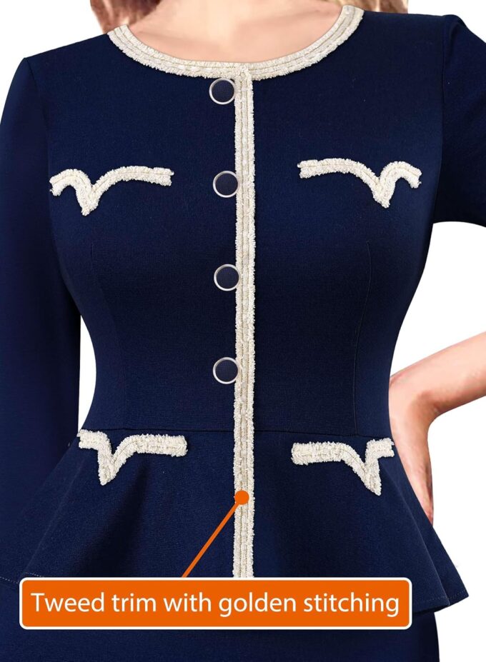 VFSHOW Damenkleid, 2024, für Herbst und Arbeit, Business, Knöpfe, Schößchen, Büro, schlankmachend, Rundhalsausschnitt, Patchwork, A-Linie, ausgestelltes Kleid – Bild 3