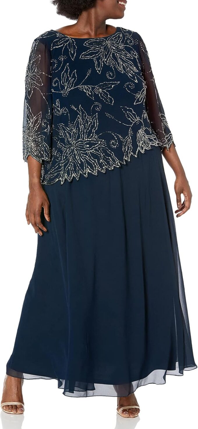 J Kara Women's Plus Size 3/4 Sleeve Scallop Edge Bodice Mock Flare Dress