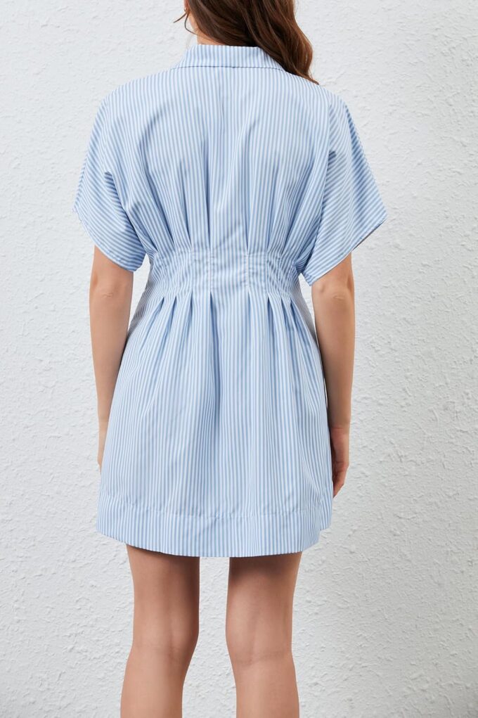 Womens Summer Short Sleeve Button Front Pleated Shirt Dress Striped Collar V Neck Casual Y2k Swing Short Mini Dress – Bild 6