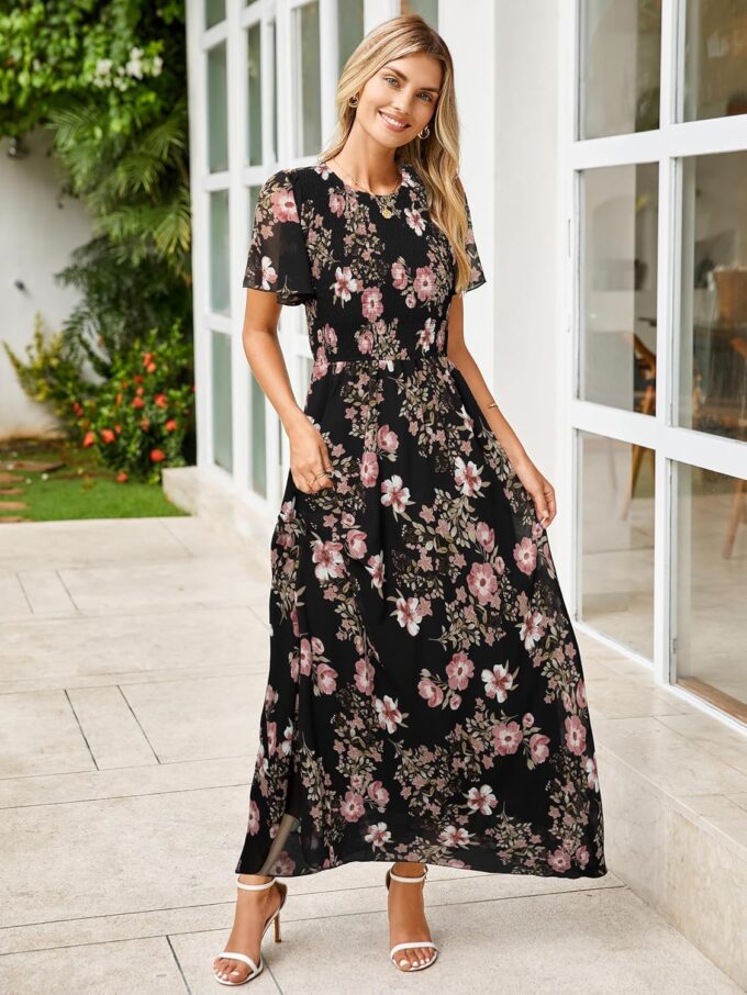 Simplee Womens Summer Floral Casual Maxi Dresses Flutter Short Sleeve Crew Neck Smocked Chiffon Boho Flowy Dress – Bild 4
