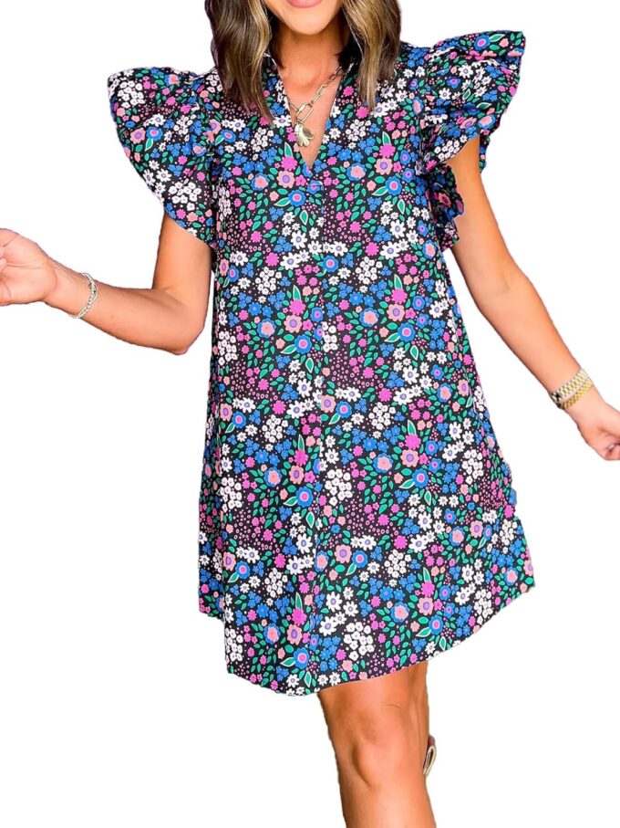 hibshaby Women's Floral Babydoll Mini Dress V-Neck Ruffle Sleeve Cute Dress Sundress – Bild 3