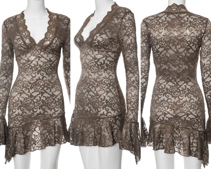 AIBEARTY Women's Sexy Sheer Mesh Lace Bodycon Dress Flared Long Sleeve V Neck Mini Dress Party Club Evening Dresses – Bild 5
