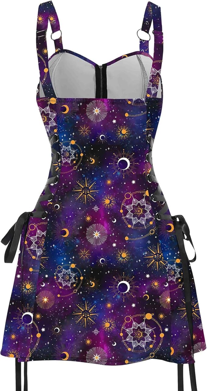 FEAPHY Women's Gothic Dress Galaxy Sun Star Sleeveless Zip Front Lace Up A-Line Mini Dress – Bild 3