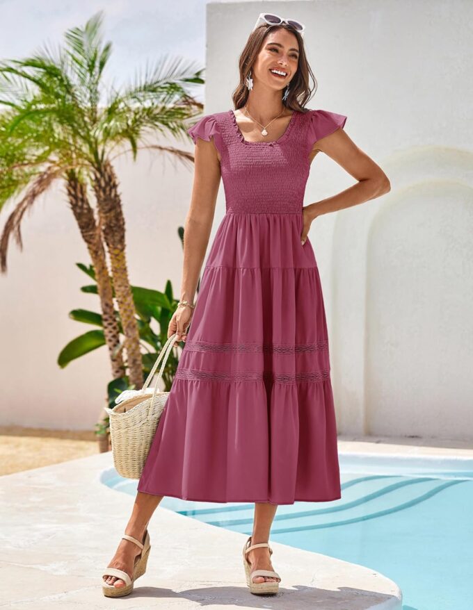 GRACE KARIN Womens Summer Dress Casual 2025 Flutter Sleeve Square Neck Smocked Boho Beach Dresses Tiered Midi Long Sundress – Bild 6