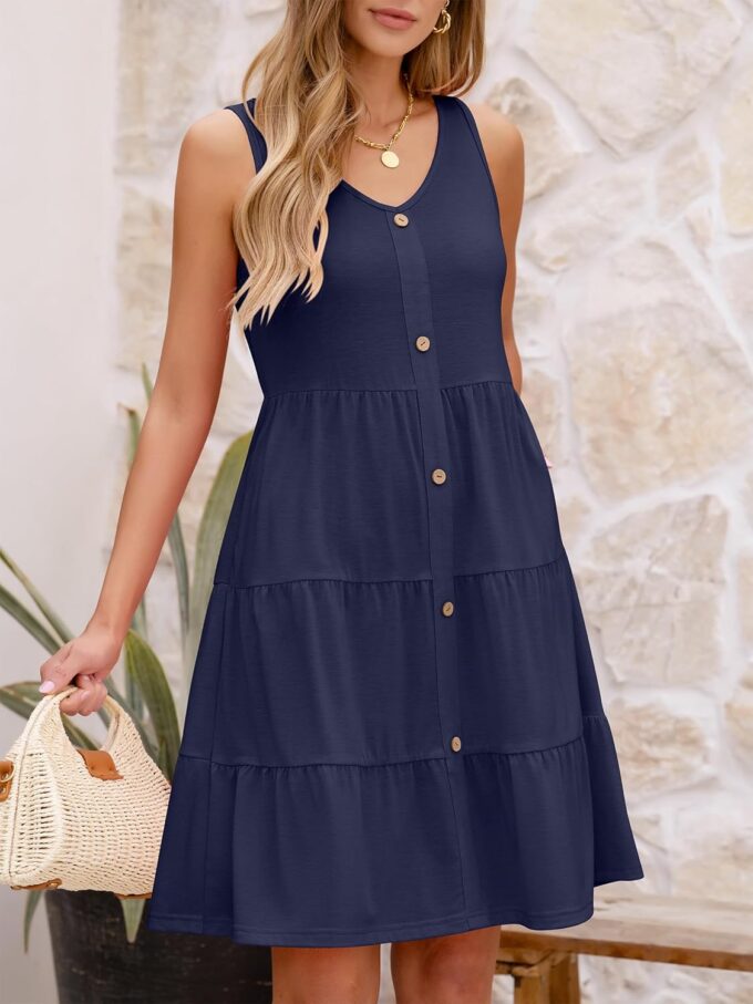 ANRABESS Womens Summer Beach Vacation Dresses V Neck Sleeveless Casual Button Down A Line Swing Mini Sundresses with Pockets – Bild 3