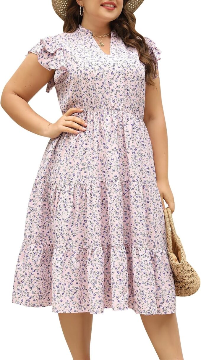 Keluummi Plus Size Wedding Guest Midi Dresses for Curvy Women, Summer Casual Floral Short Sleeve A Line Sundress with Pockets