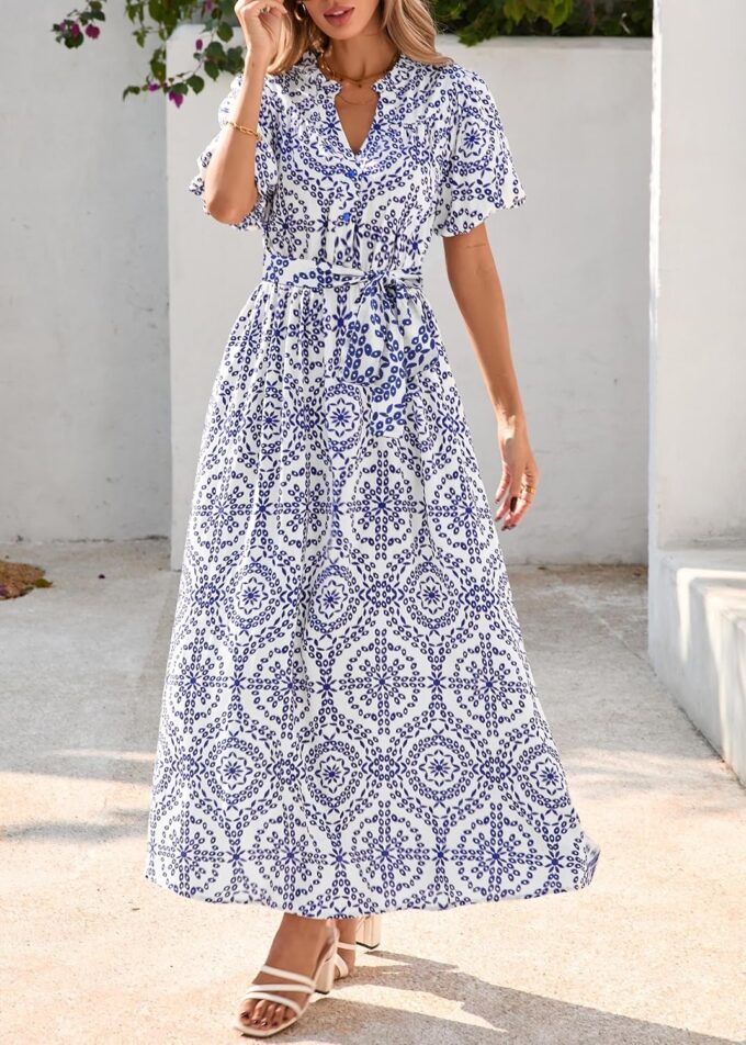 KIRUNDO Women Puff Sleeve Boho Floral Maxi Dress 2025 Spring Summer Button Shirt V Neck Flowy Belted Beach Vacation Dresses – Bild 3