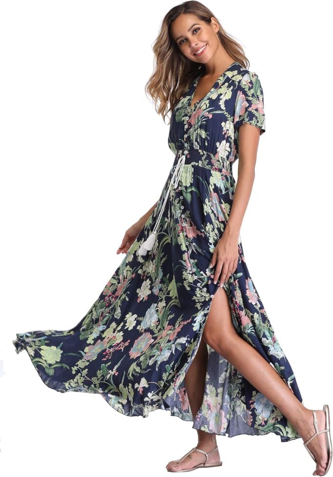 VintageClothing Women's Floral Maxi Dresses Boho Button Up Split Summer Casual Long Dress Beach Party Dress – Bild 3