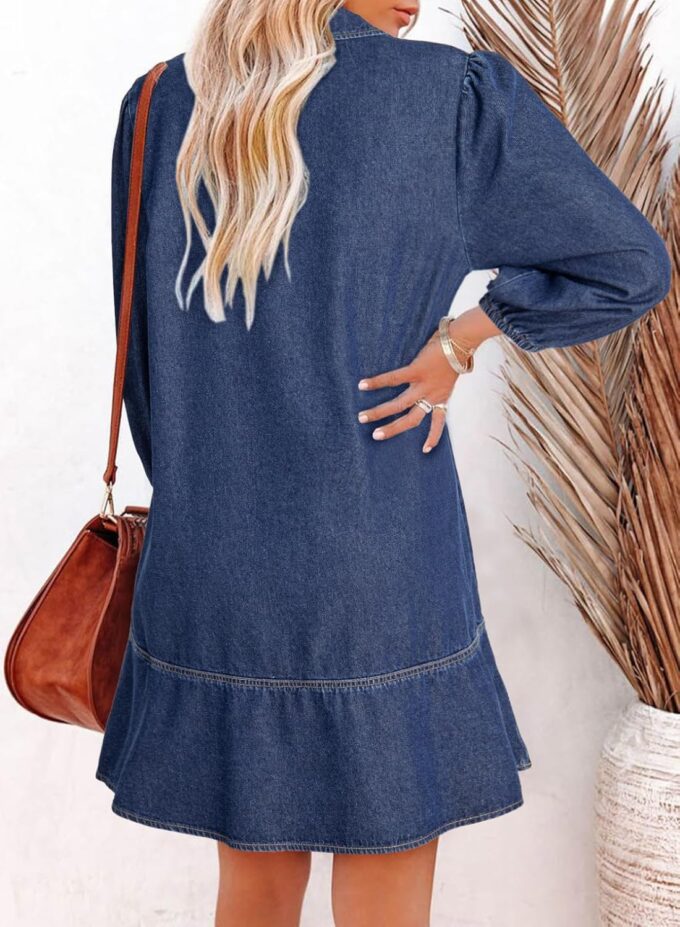 Dokotoo Denim Dress for Women Fashion Fall Casual Babydoll 2025 V Neck 3/4 Puff Sleeve Jean Dresses – Bild 2