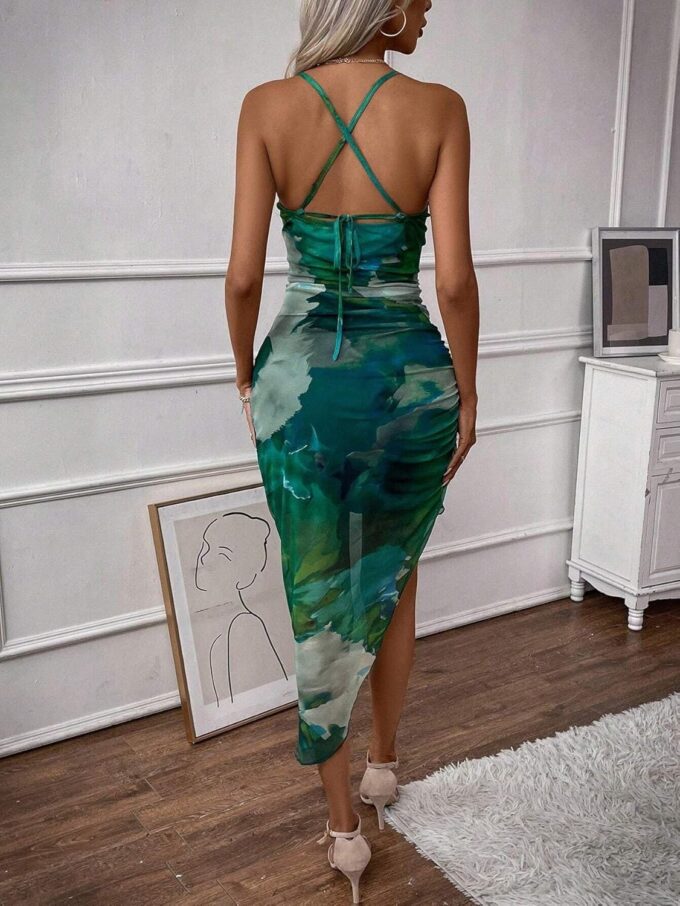 Women's Summer Dress Printed Bodycon Ruched Midi Tie Dye Sexy Cami Side Slit Mesh Layered – Bild 2