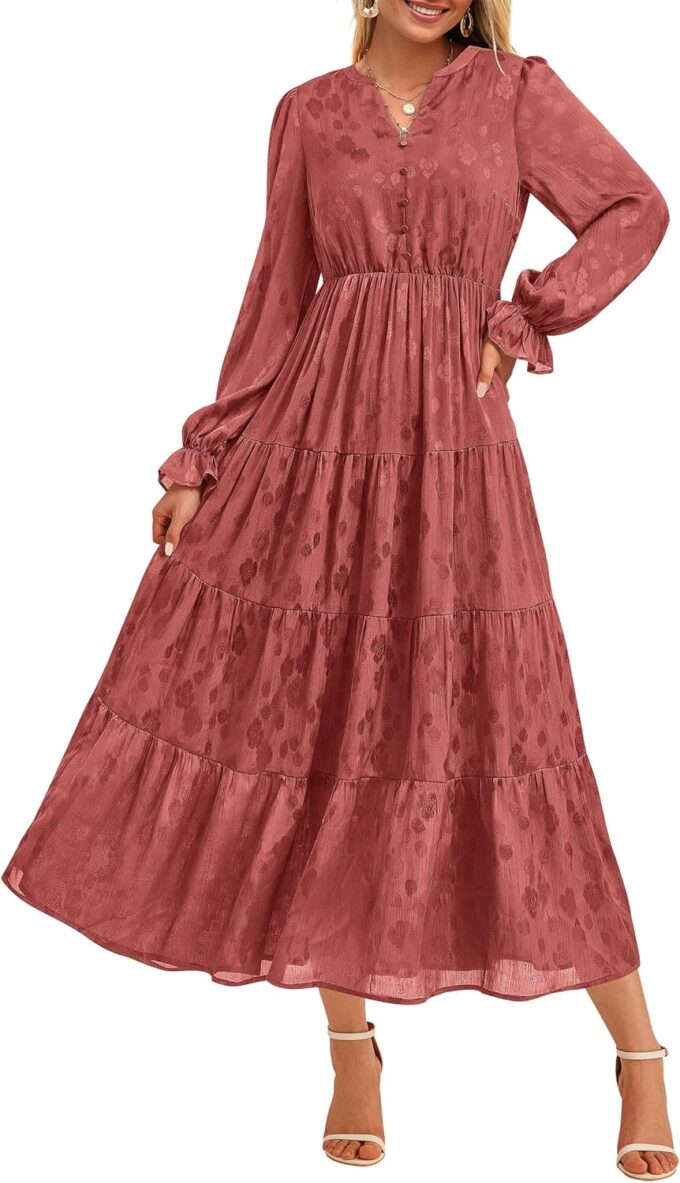 KIRUNDO Dresses for Women 2025 Elegant Classy Fall Wedding Guest Maxi Long Sleeve Empire Waist Ruffle Tiered Flowy Long Dress