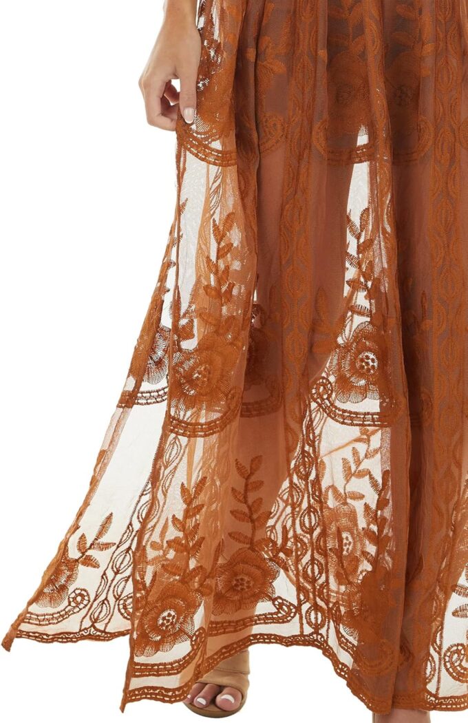 LRISES Womens V Neck Floral Embroidered Lace Wedding Maxi Dress Boho Short Sleeve Slit Bridesmaid Evening Party Dresses – Bild 5