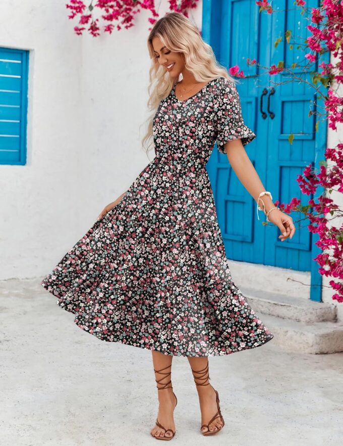 Zeagoo Women's Summer Dresses Midi Tiered Casual Dress Floral V Neck Ruffle Short Sleeve Flowy Beach Dress with Pockets – Bild 2