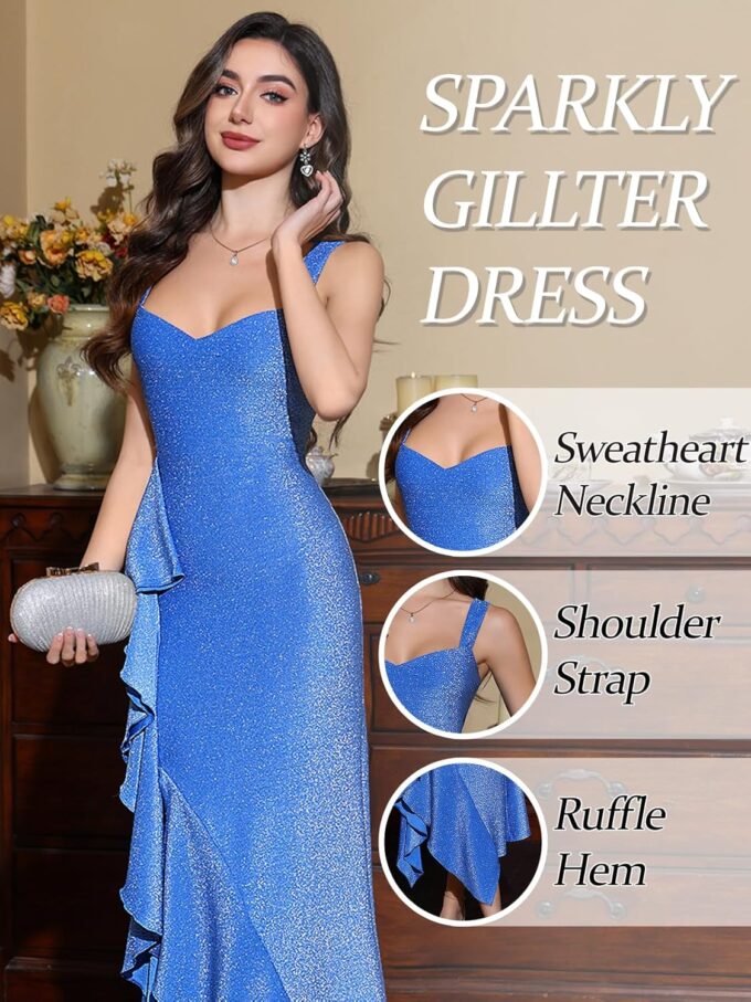 Women's Cocktail Formal Wedding Guest Dresses Party Prom Square Neck Bodycon Slit Sleeveless Ruffle Glitter Dress – Bild 3