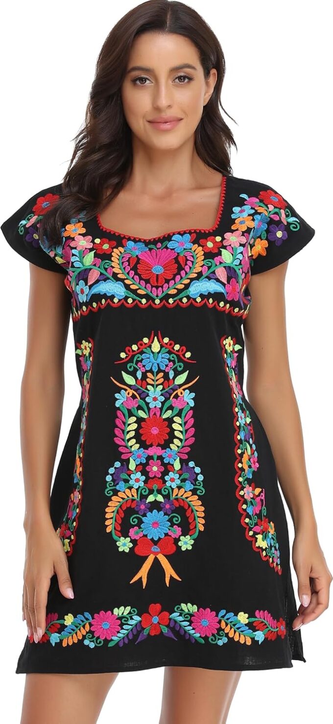 YZXDORWJ Women Mexican Embroidered Dress Ruffle Collar Sleeveless