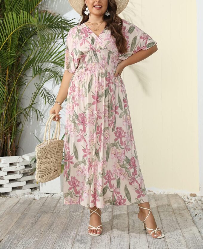 OSTOO Women's Plus Size Hawaii Empire Waist Bat Short Sleeve Casual Floral Print Boho Maxi Dress – Bild 2